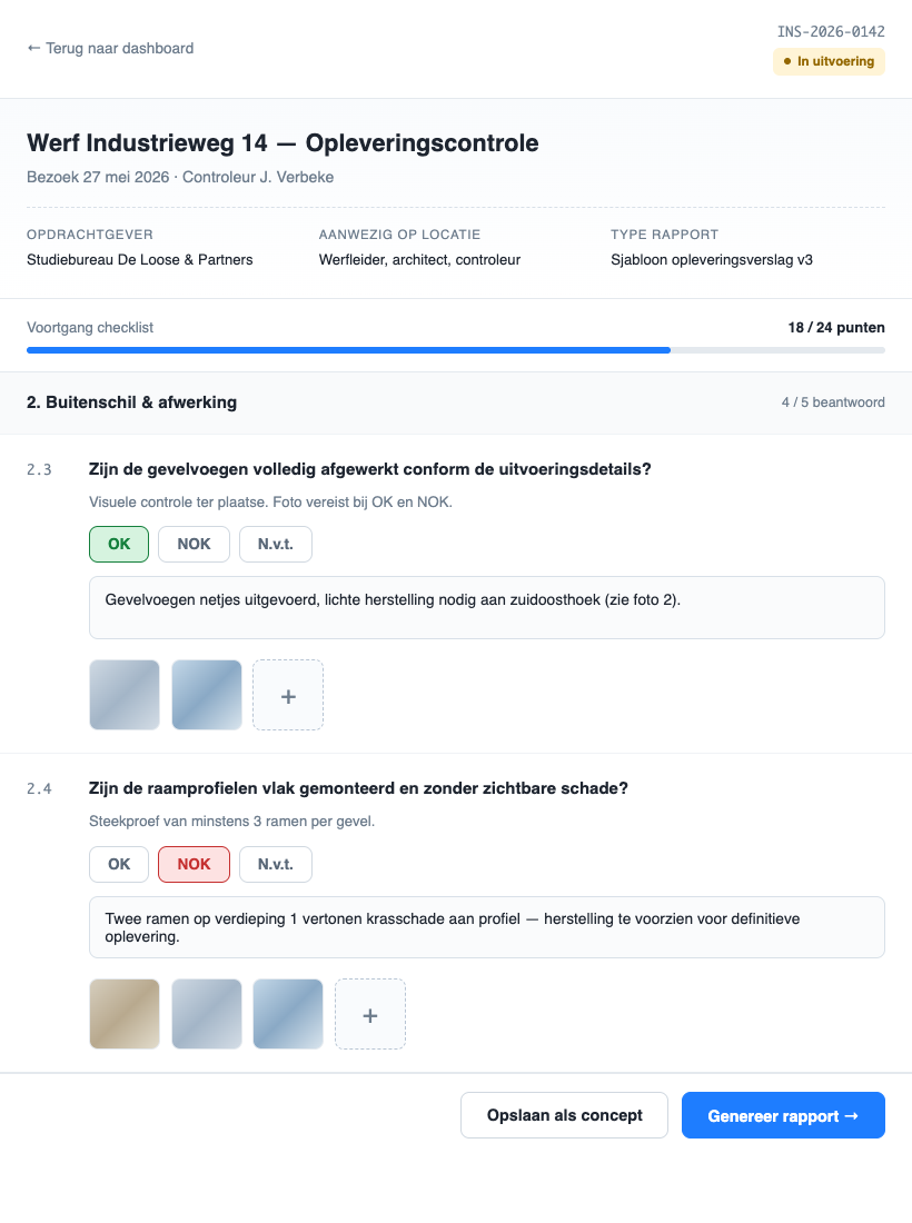 Dossier-detail: checklist met OK/NOK/N.v.t., opmerkingen en foto's per controlepunt