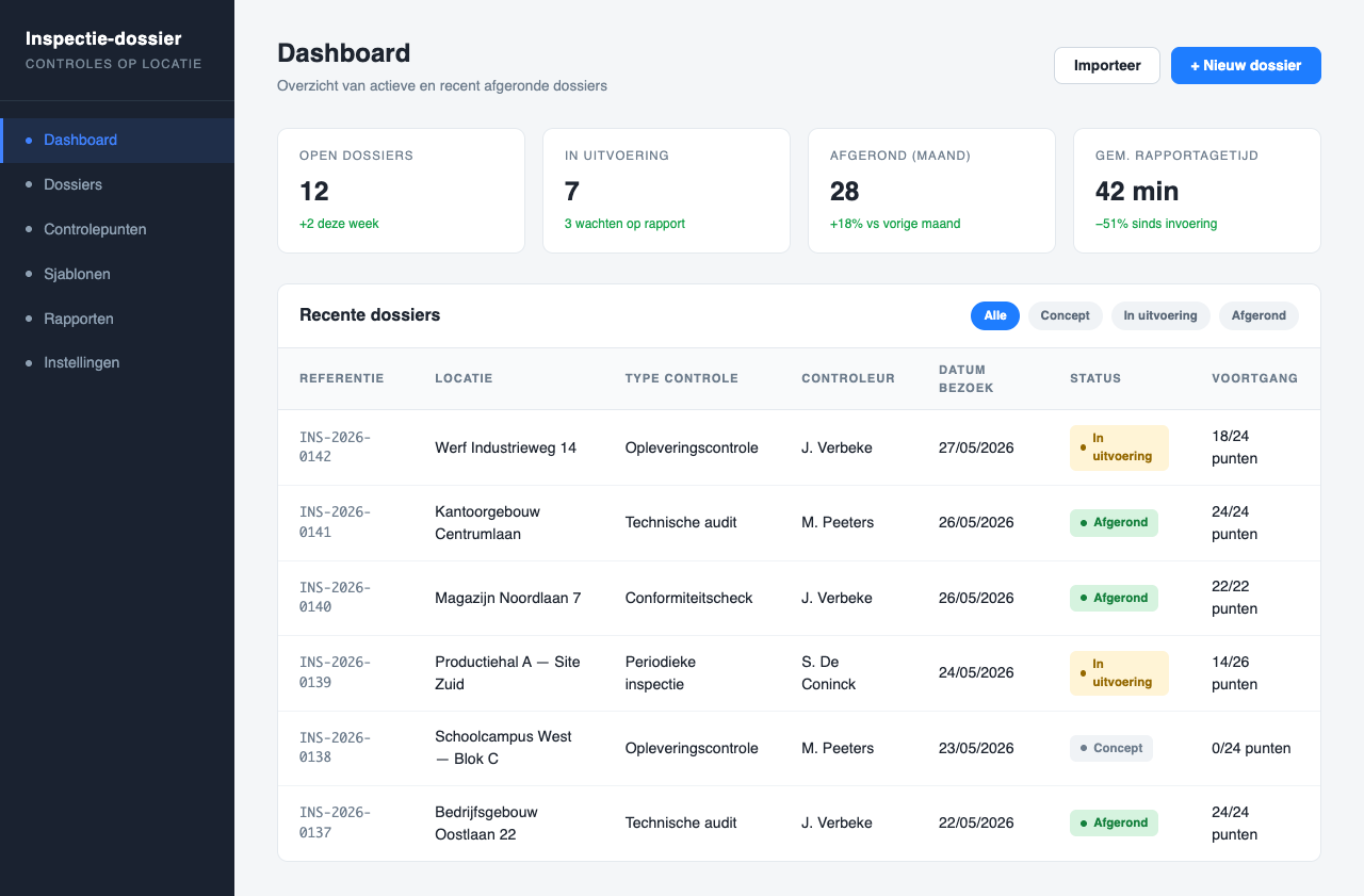 Dashboard van de dossier-app: overzicht van actieve en afgeronde dossiers met status en voortgang