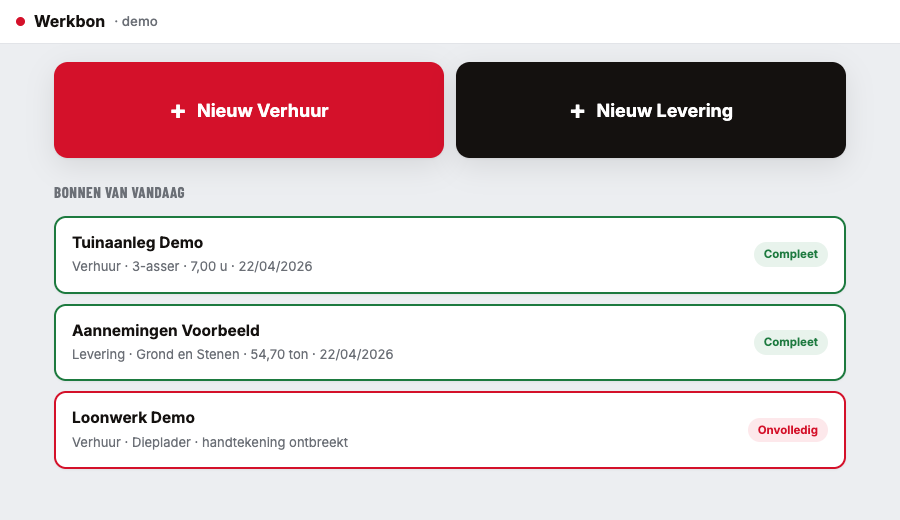 Startscherm van de werkbon-app: nieuw verhuur of levering, met overzicht van de bonnen van vandaag